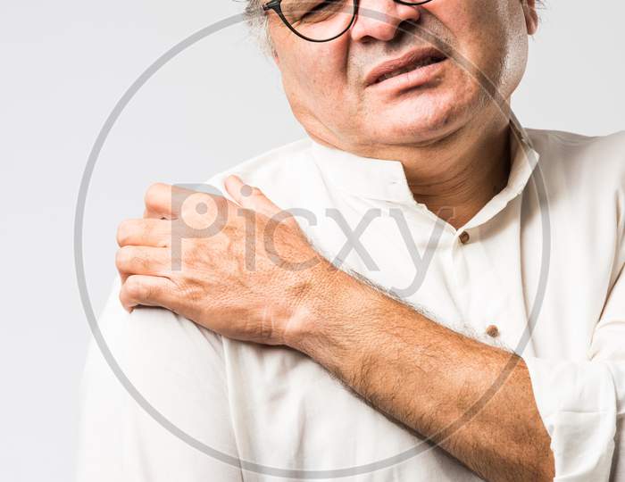 Indian Senior Or Old Man Having Ache Or Body Pain, Sad Expressions