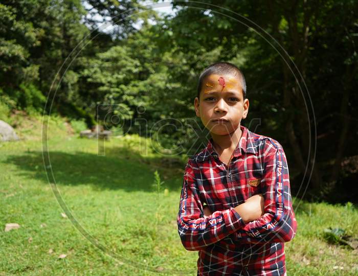 Almora, India - September 06, 2020: Portrait Of A Pahadi Boy With Tilak On His Forehead. Fun And Happy Concept.
