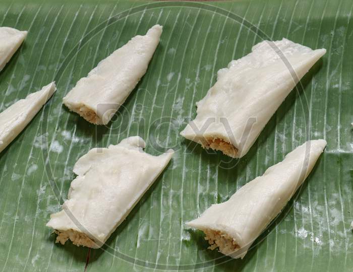 South Indian Sweet Called Patholis Served On A Banana Leaf