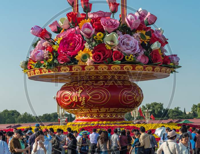 Flower Display Set Up In Tiananmen Square To Celebrate The National Day Of China