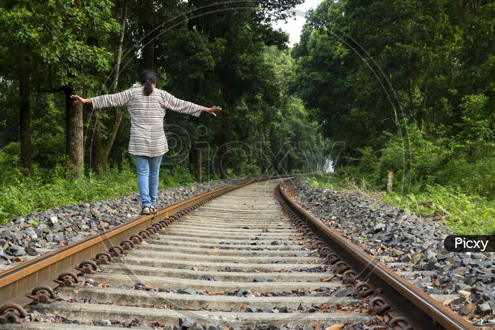 A Young Lady Enjoying Balance On A Train Track In A Forest at Dooars in West Bengal in India