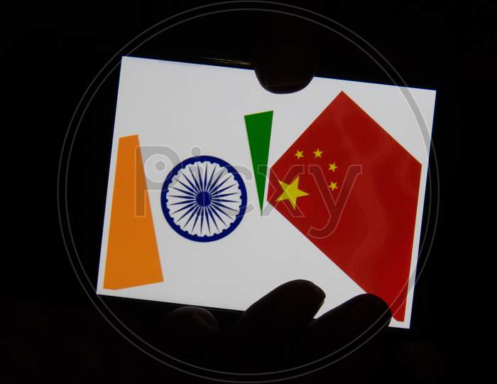Showing India China Flag In Smart Phone.
