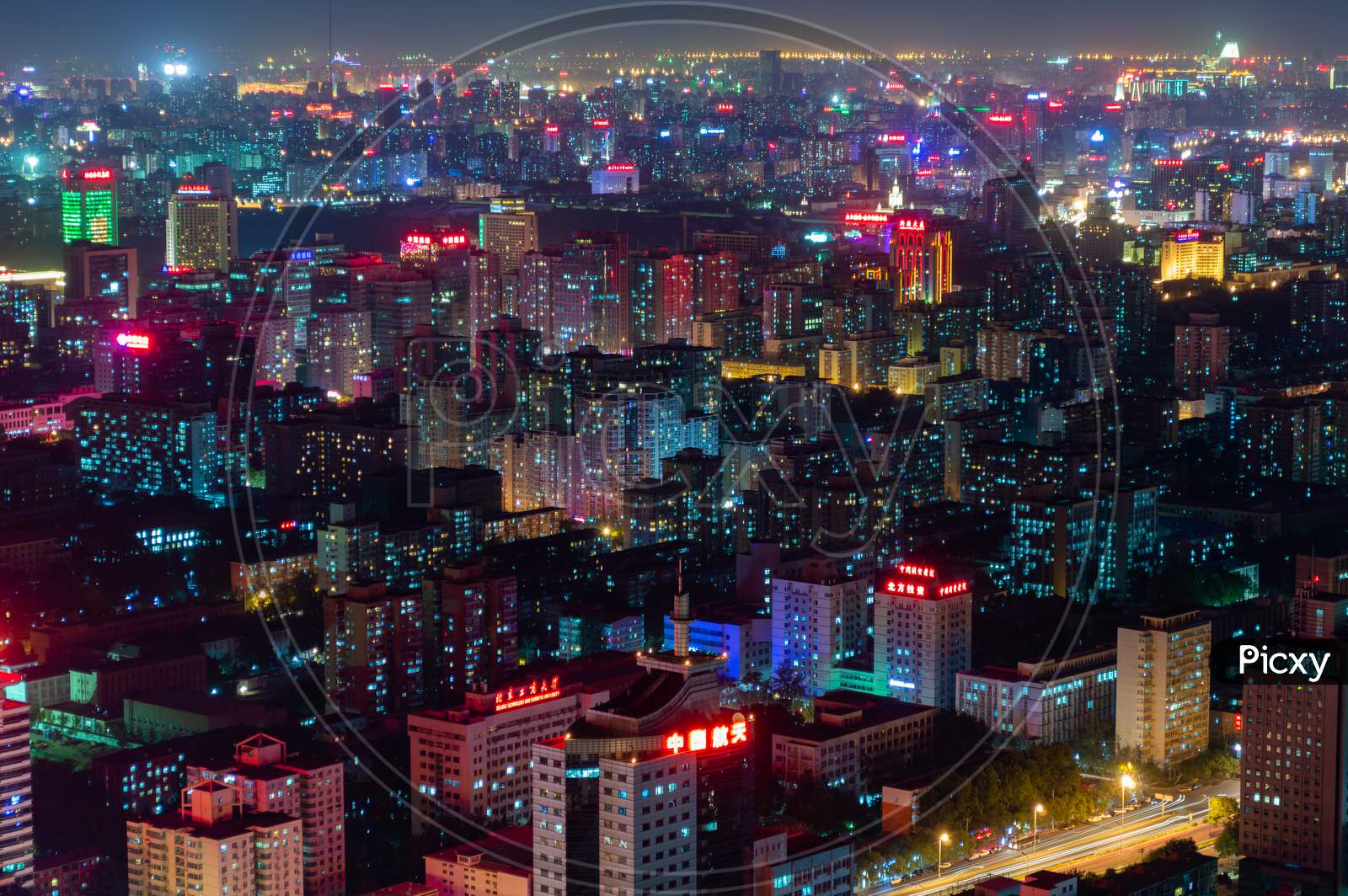 Panoramic Night View Of Beijing Cityscape, View From Central Television Tower
