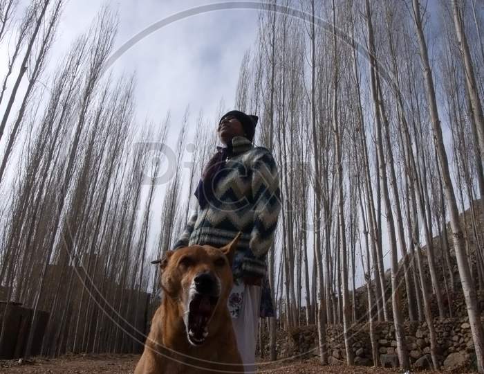Friends Playing With Pet Dog In A Park In Autumn In Leh Ladakh