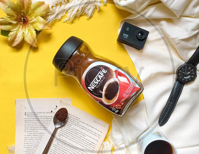 Nescafe coffee with books, Flatlay photography