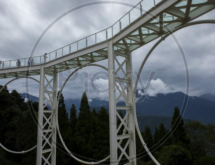 Skywalk, A Transparent Footbridge On Mountains Near Pelling In Sikkim In India