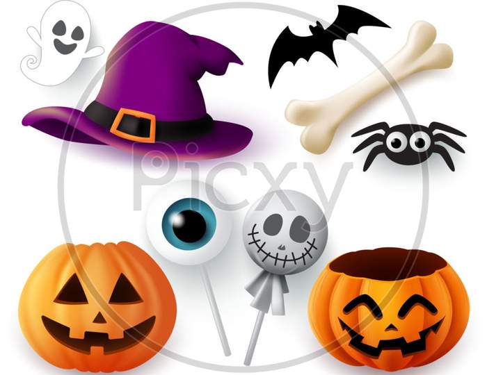 Halloween Objects Vector Set. Halloween Trick Or Treat Elements And Object Of Hat, Pumpkins, Spider, Bone, Bat, Ghost, And Eyeball Lollipop Isolated In White Background. Vector Illustration.