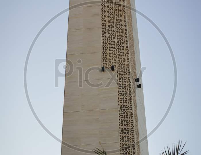 Islamic Mosque Minaret Tower, Modern Design With Sunrise Background.