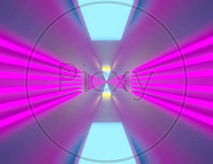 Illustration Graphic Of Abstract Energy Tunnel With Beautiful Pink And Blue Lighting In Space. Sci-Fi Seamless Loop Flying Into Spaceship Tunnel, 3D Render Vj.