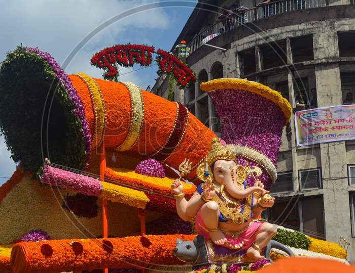 Pune, India - September 4, 2017: Guruji Talim Ganpati Idol Decoration During Ganpati Visarjan Festival. Anant Chaturdashi Festival Celebration In Pune.