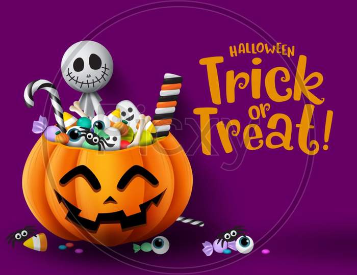 Halloween Trick Or Treat Pumpkin Vector Background Template. Halloween Trick Or Treat Greeting Text With Empty Space For Message And Pumpkin Basket With Sweet Candies Element. Vector Illustration.