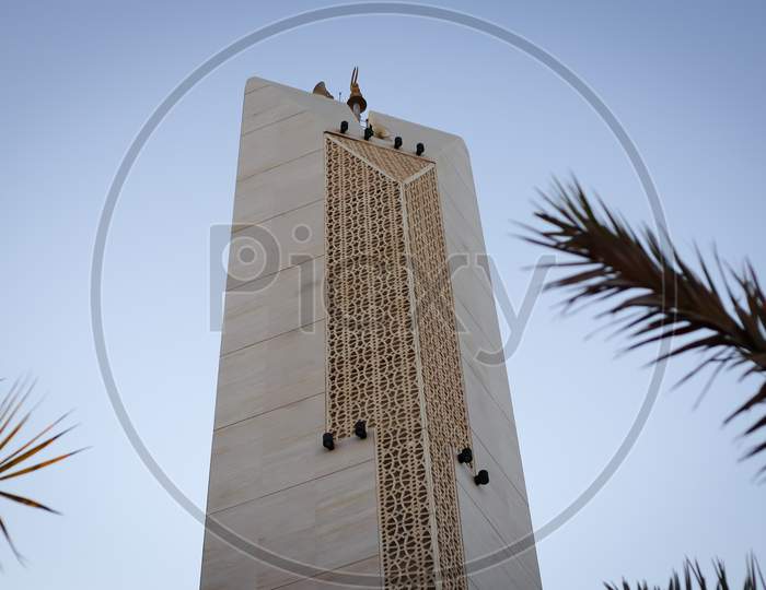 Islamic Mosque Minaret Tower, Modern Design With Sunrise Background.