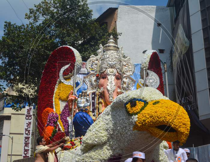 Pune, India - September 4, 2017: Tulsi Baug Ganpati Idol Decoration During Ganpati Visarjan Festival. Festival Celebration In Pune.