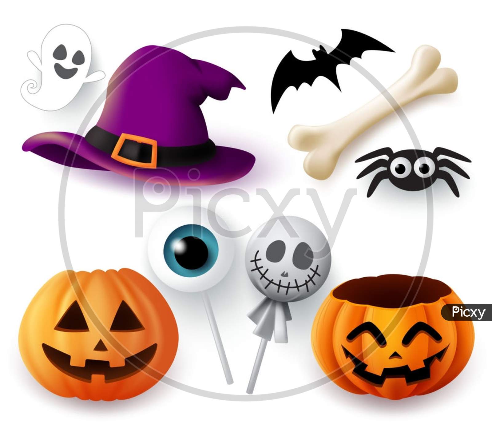 Halloween Objects Vector Set. Halloween Trick Or Treat Elements And Object Of Hat, Pumpkins, Spider, Bone, Bat, Ghost, And Eyeball Lollipop Isolated In White Background. Vector Illustration.