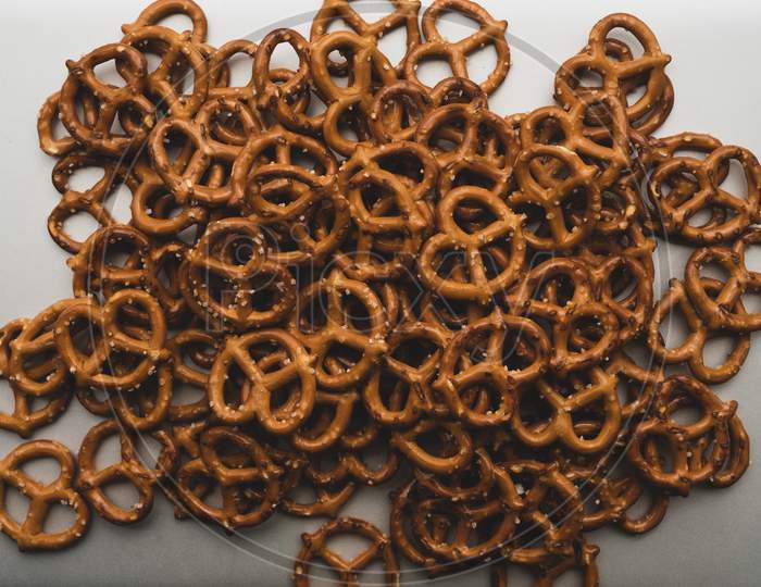 Top View Pretzels Salty Snack On Silver Background