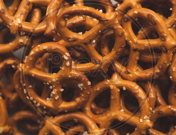 Macro Close Up Of Pretzels Snack, Top View
