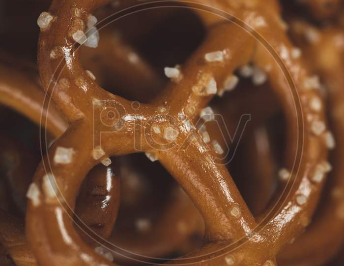 Macro Close Up Of Pretzels Snack, Selective Focus