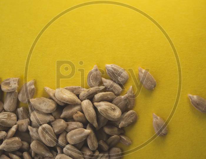 Sunflower Seeds Macro Portrait With Yellow Background