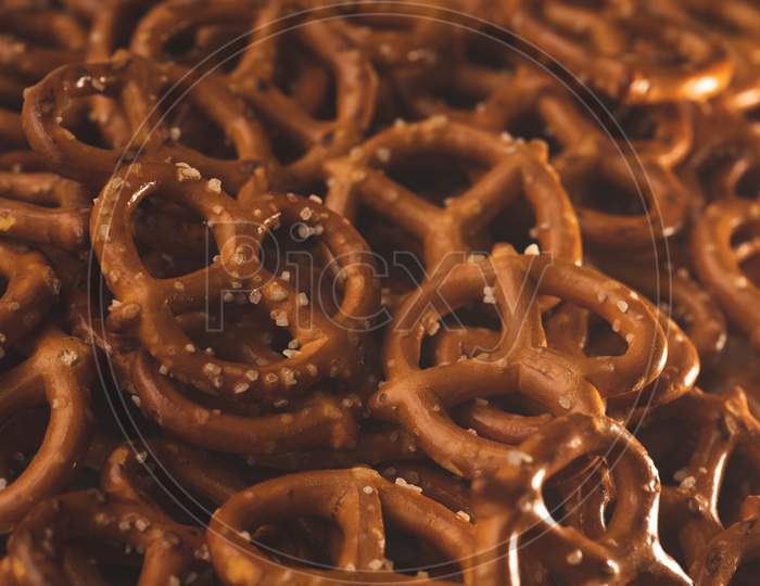 Macro Close Up Of Pretzels Snack, Selective Focus