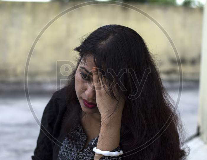 Indian Female Model Looking Side Unhappy Face