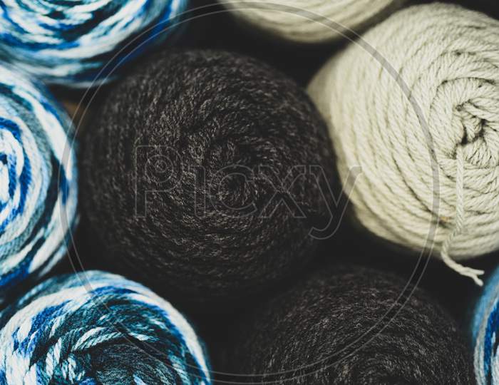 Close Up Of Different Color Worsted Yarn