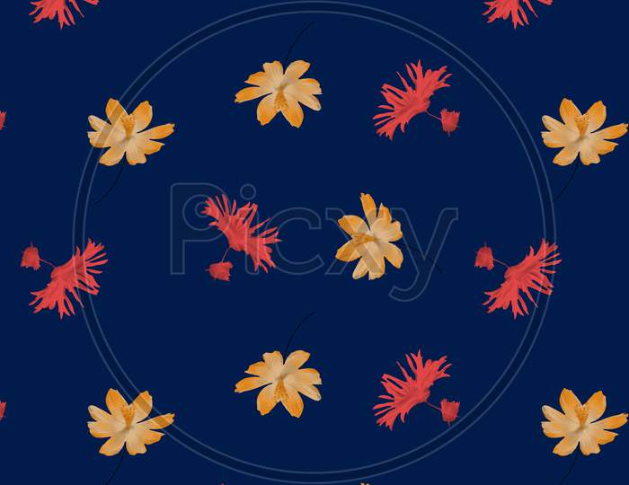Flower Geometric Pattern Red Snd Yeallow Color. Seamless Flowers Background