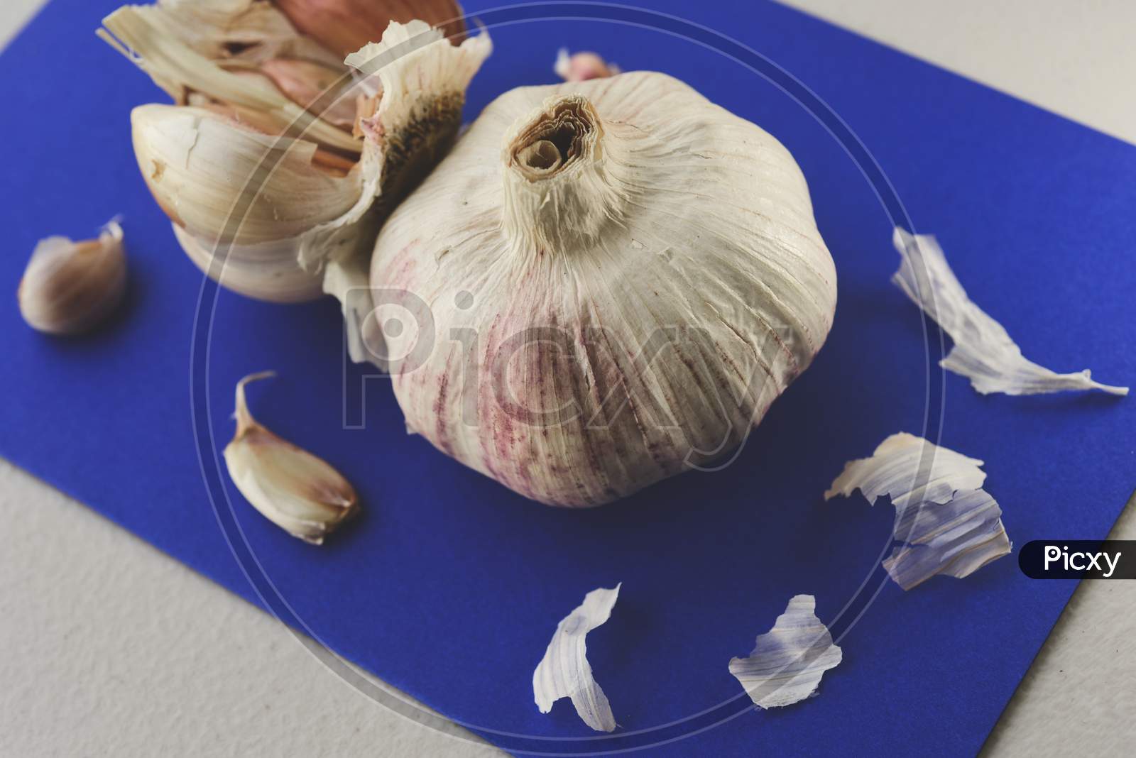 Garlic Photograph On Blue Board