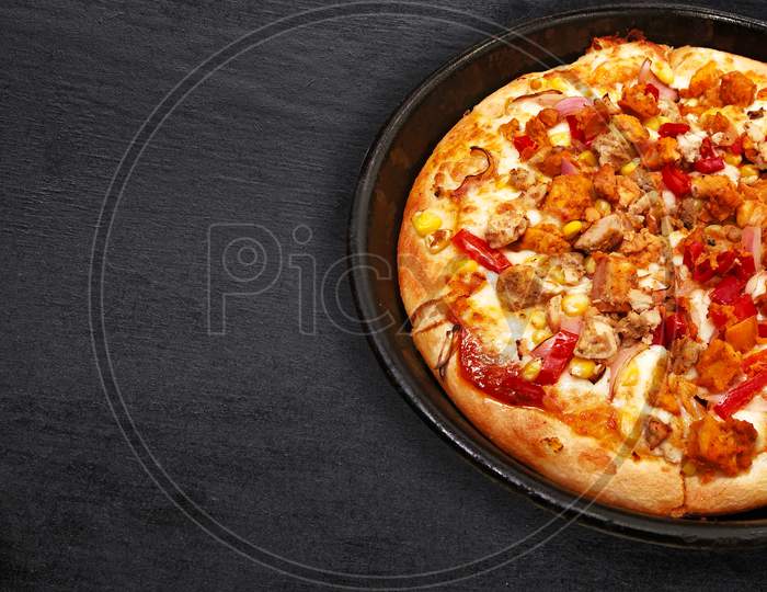 Traditional Of Hot Cheese Pizza On Pan In The Restaurant. View From Above. Space For Text.