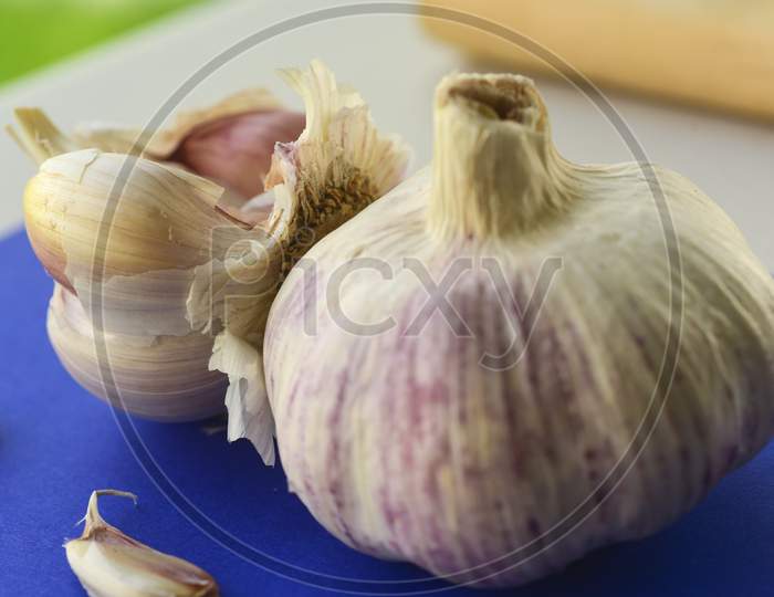 Garlic Photograph On Blue Board