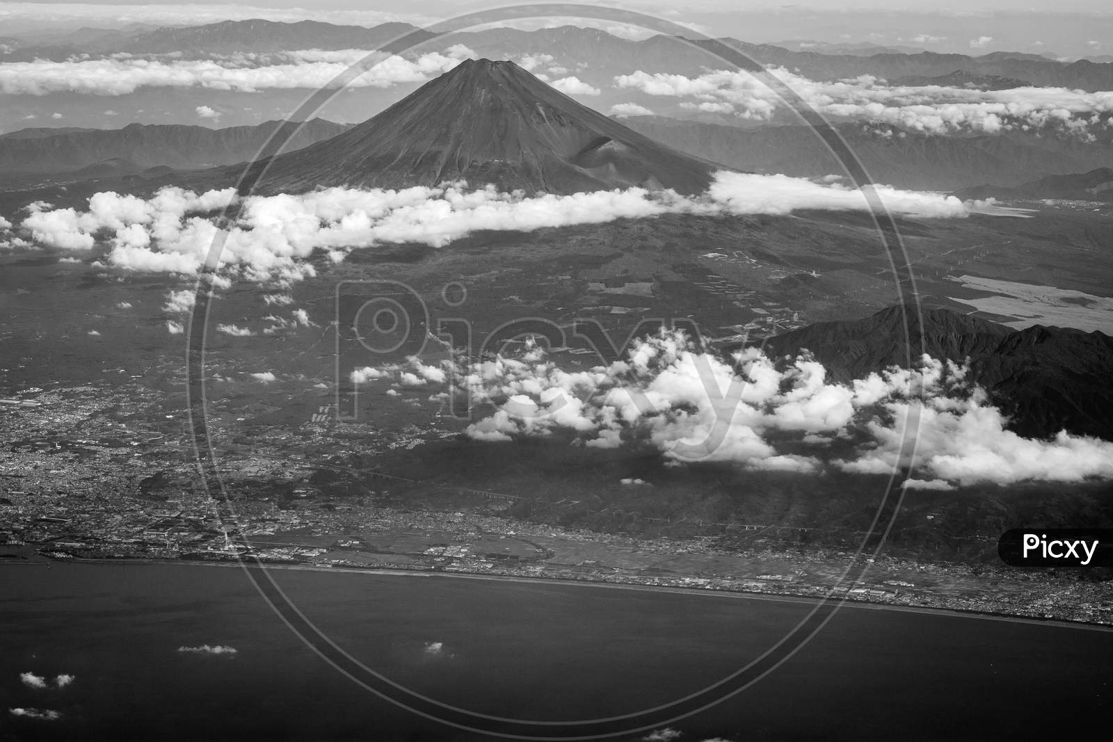 Aerial Airplane View Of Mt. Fuji, Tallest Mountain And Symbol Of Japan