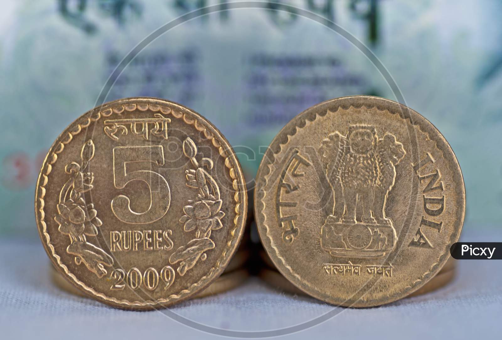 Closeup Indian Coin 5 Rupees Isolated Copy Space