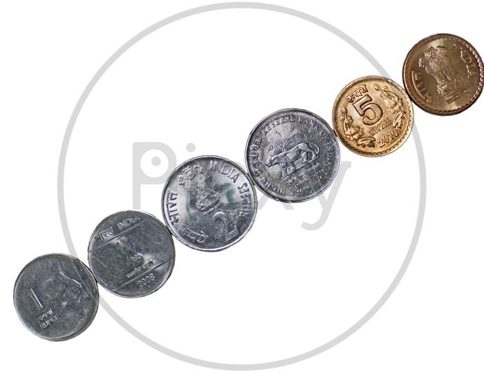 Close Up Row Indian Coins Isolated Copy Space