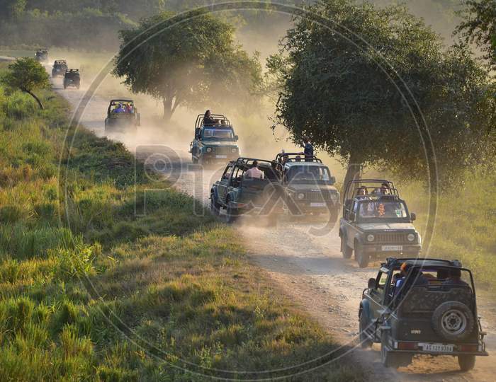 Tourists enjoy Jeep Safari on the first day of New Year 2021 inside the Kohora Range of Kaziranga National Park in Golaghat District of Assam on Jan 1,2021