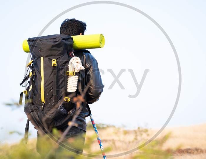 Back View Of Traveler Or Hiker Climbing The Hill With Backpack And Holding Stick For Support