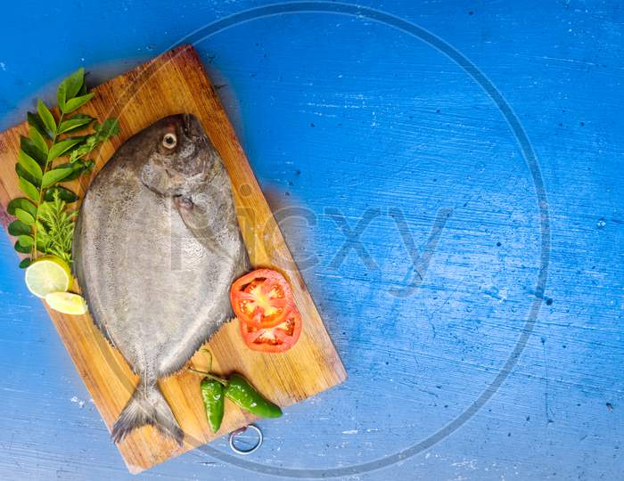 Closeup View Of Fresh Black Pomfret Fish Decorated With Herbs And Vegetables,Selective Focus.