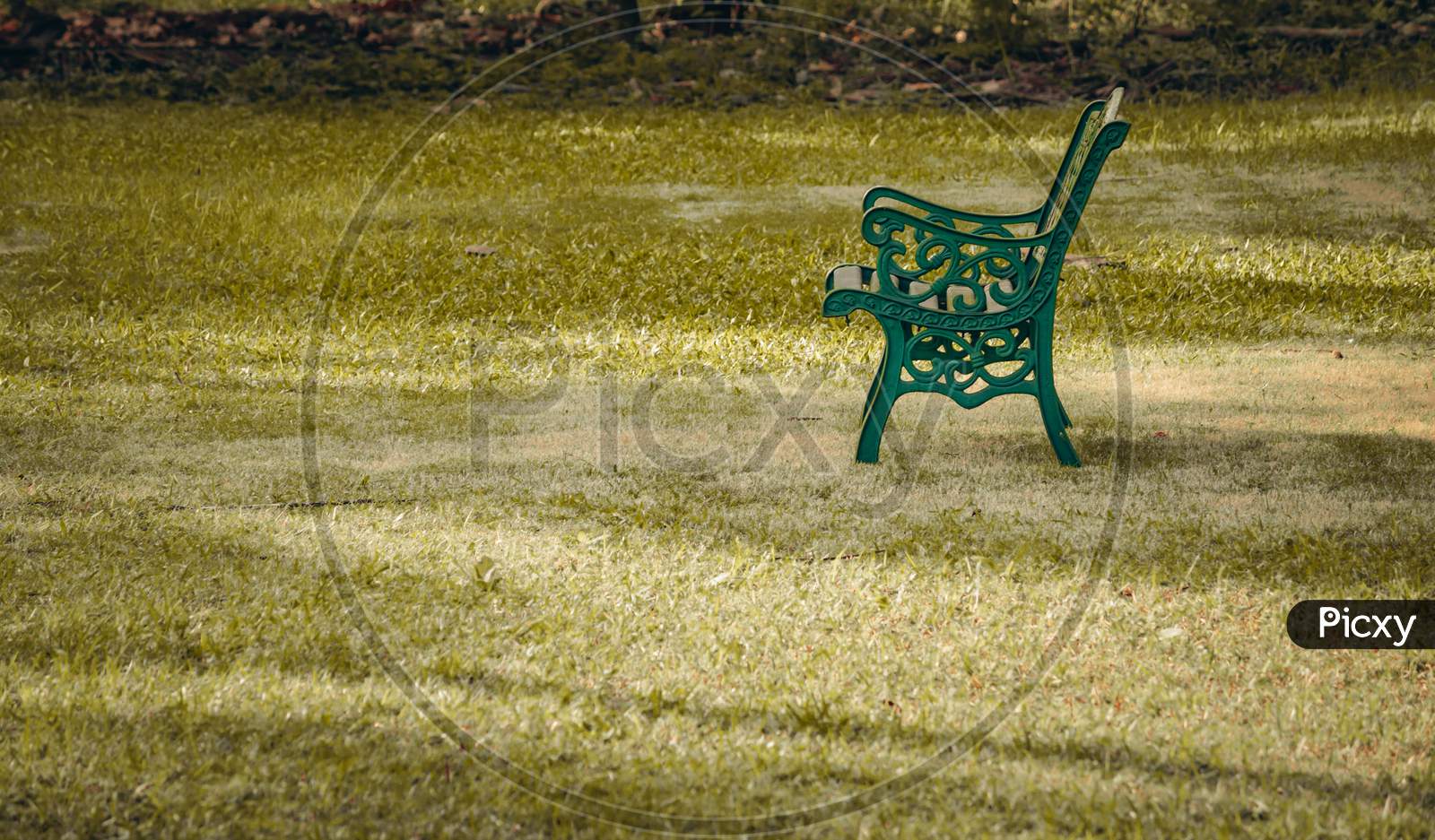 A Steel Bench In A Green Grass Field. Empty Chair In A Park.