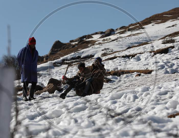 Tourist Play Snow Cart Drive At Nathatop About 110 Km From Jammu On Sunday10 Jan,2021.