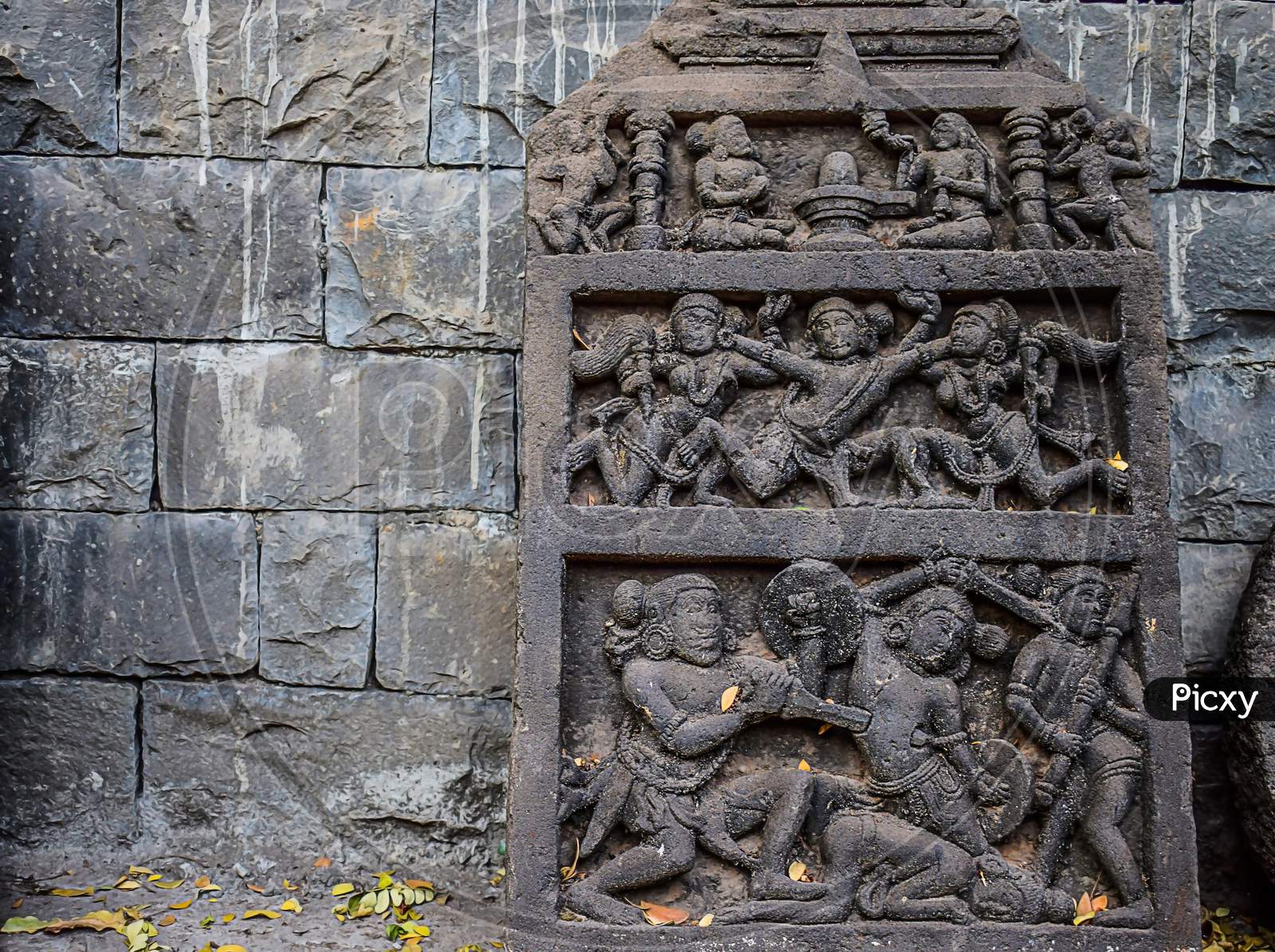 Beautiful Ancient Ruined Archeological Sculpture Art ,Constructed Using Gray Stone In India.