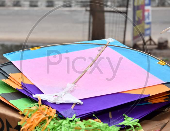 Colorful paper kites from India used for the sport of kite fighting. These are traditionally flown on Makar Sankranti or on Republic day