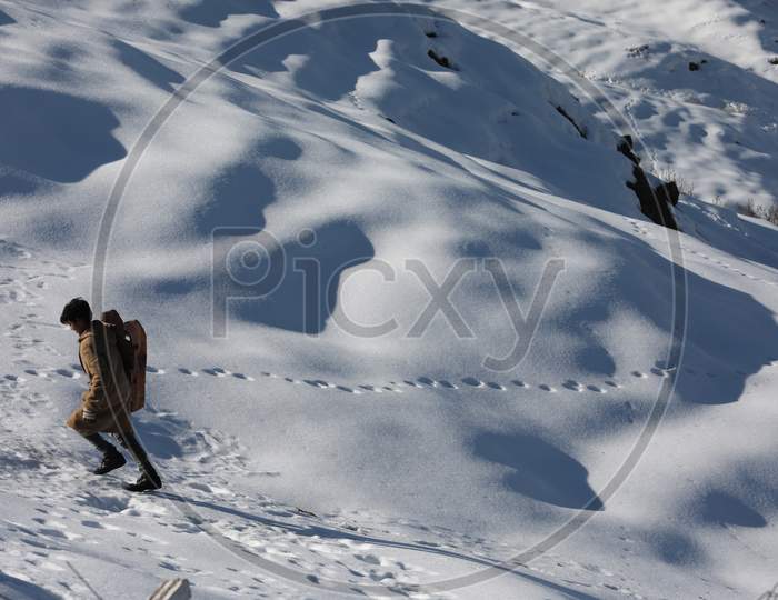 Vendor Carry Snow Cart Drive At Nathatop About 110 Km From Jammu On Sunday.10 Jan,2021.