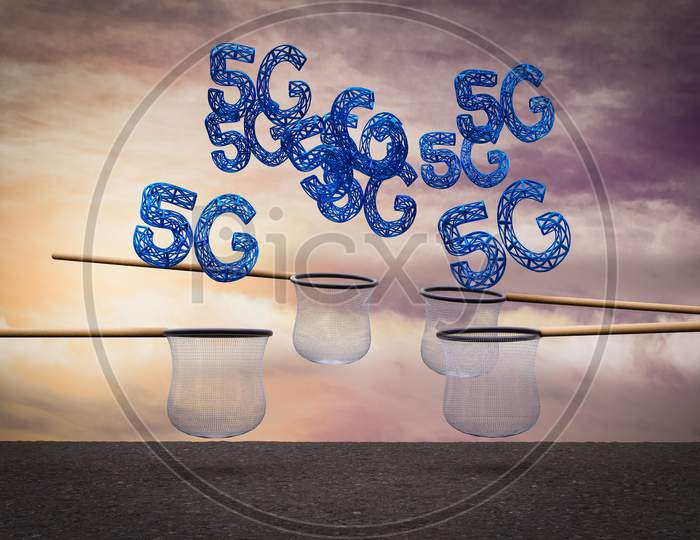 5G Letter Falling From Sky And The Nets Try To Catch Them At Sunset Magenta Day Demonstrating New Generation Networks Catch Concept. 3D Illustration