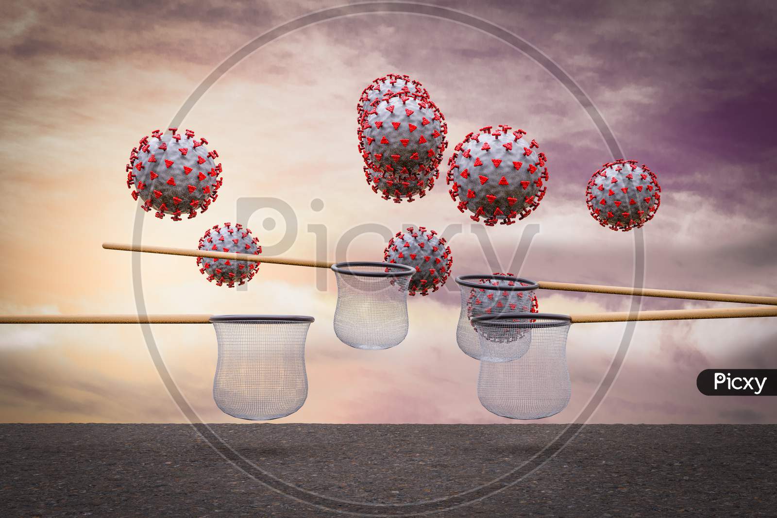 Coronavirus Falling From Sky And The Nets Try To Catch Them At Sunset Magenta Day Demonstrating Protect From The Virus Concept. 3D Illustration