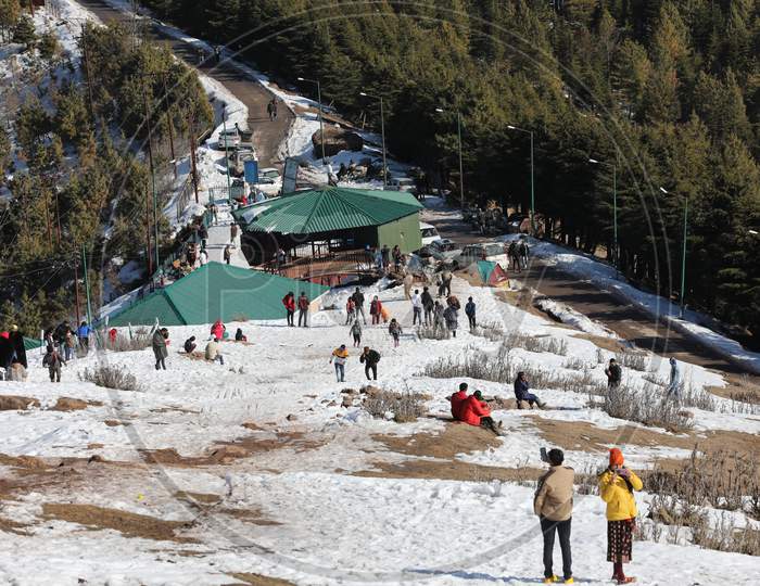 Tourist Enjoy At Snow Cover Area In Nathatop Near Patnitop About 110Km From Jammu On Sunday.10 Jan,2021.