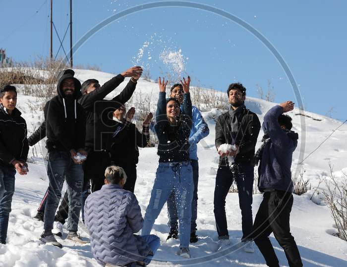 Tourist Play With Snow At Nathatop Near Patnitop About 110Km From Jammu On Sunday10 Jan,2021.