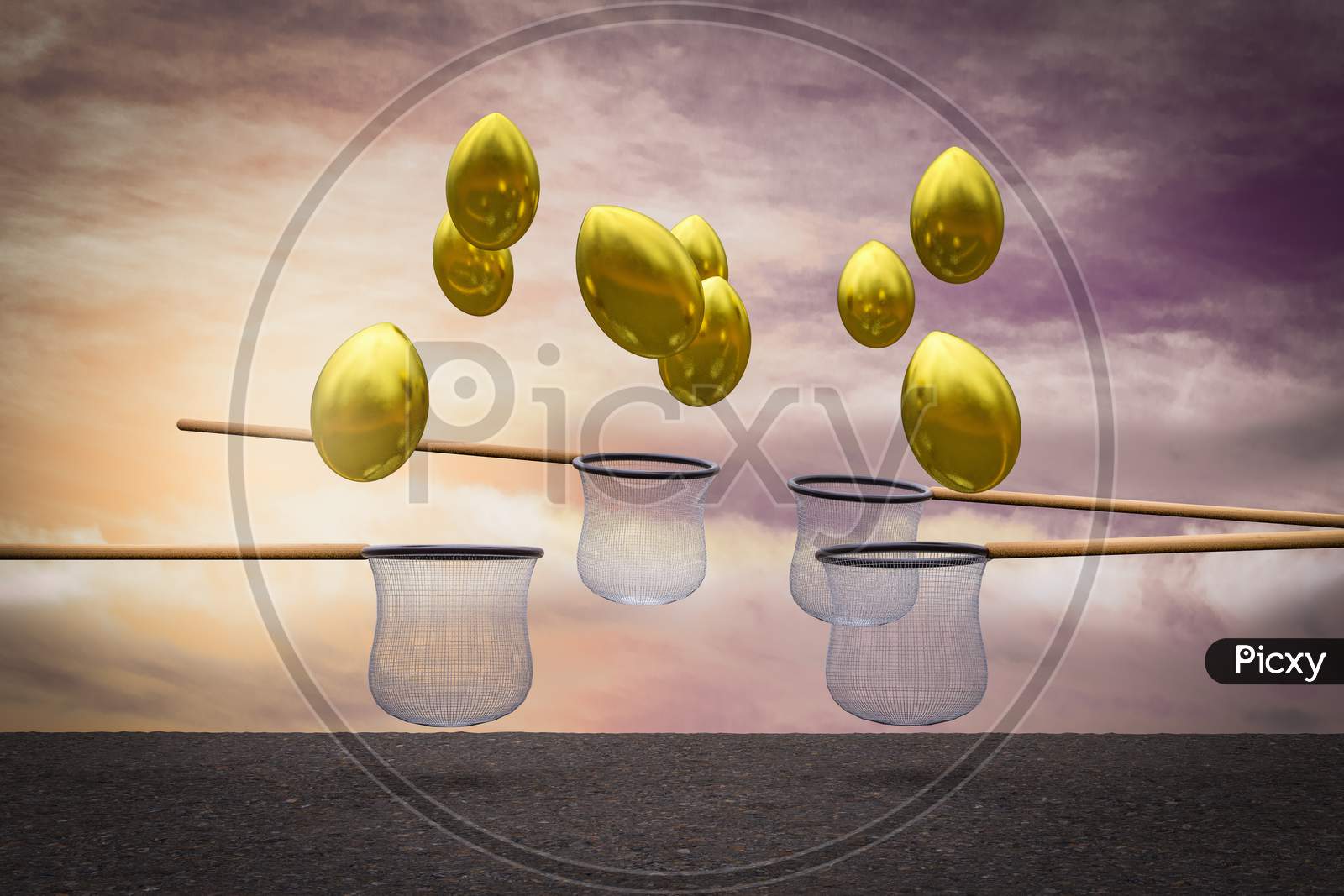 Golden Eggs Falling From Sky And The Nets Try To Catch Them At Sunset Magenta Day Demonstrating Retirement Concept. 3D Illustration