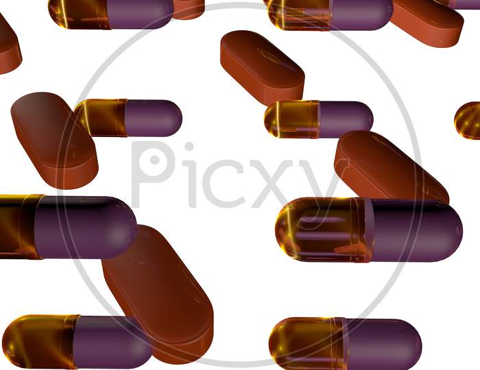 Colorful Capsule Pills (3D Rendered) With Transparent Gel Body