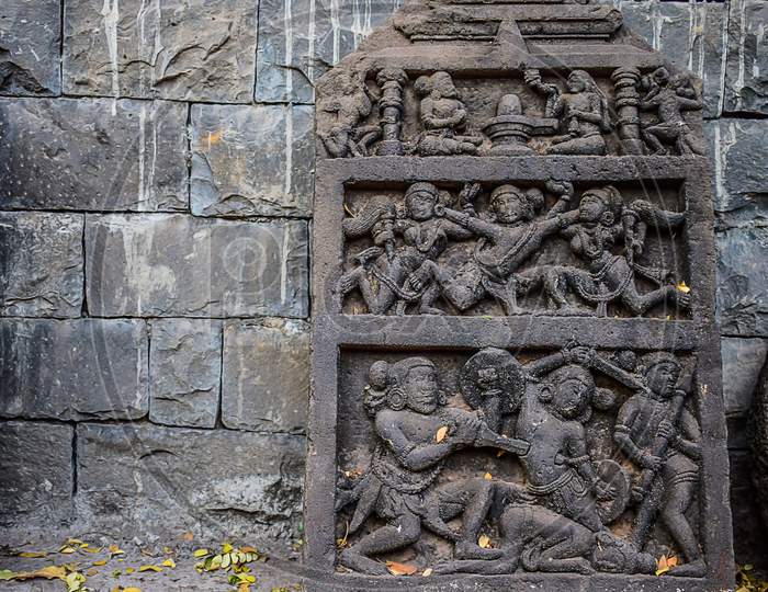 Beautiful Ancient Ruined Archeological Sculpture Art ,Constructed Using Gray Stone In India.