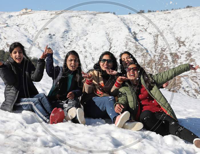 Tourist Play With Snow At Nathatop Near Patnitop About 110Km From Jammu On Sunday.10 Jan,2021.