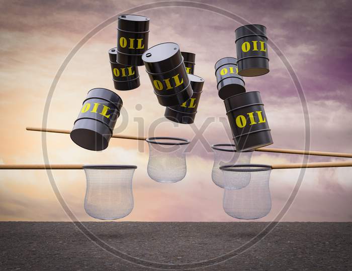 Black Metal Oil Barrels Falling From Sky And The Nets Try To Catch Them At Sunset Magenta Day Demonstrating Oil Price Concept. 3D Illustration