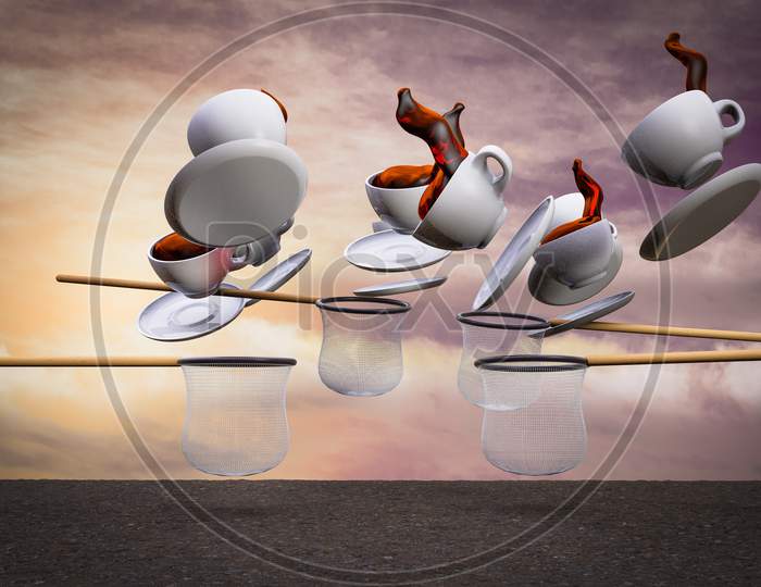 Cups Of Coffee With Coffee Falling From Sky And The Nets Try To Catch Them At Sunset Magenta Day Demonstrating Good Morning Coffee Help Concept. 3D Illustration